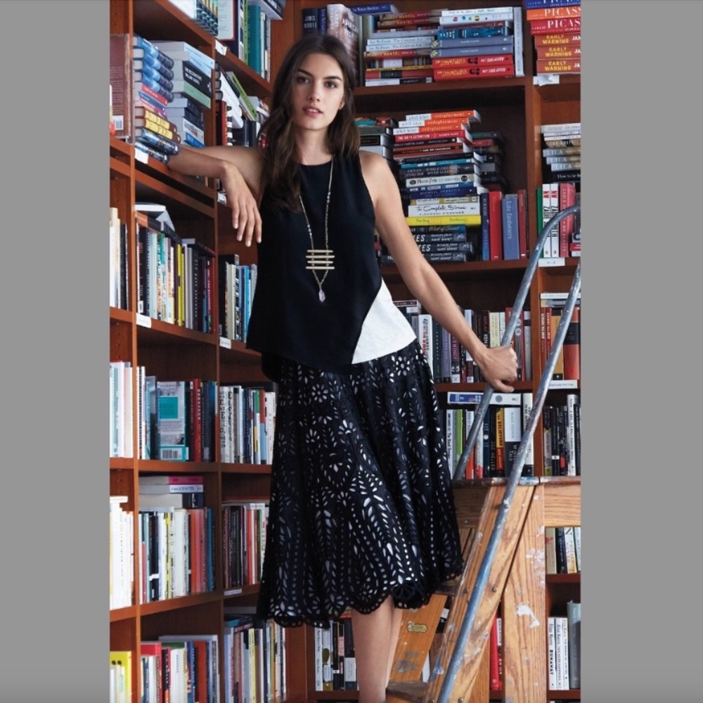 KAS NY Delony Black and White Lace Eyelet Midi Skirt